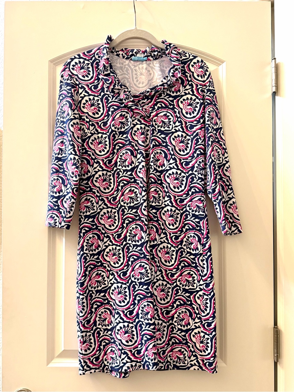 J. McLaughlin Annetta Geo Print Catalina Cloth Dress   Ruffled Neck. Coastal. SM